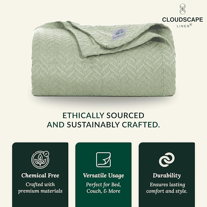 Cloud Scape Linen 100% Cotton Throw Blanket 50x70 Seafoam, Luxury All-Season Warmth, Ultra Soft, Oversized Herringbone Gauze Blanket for Winter, Bed, Couch & Sofa Decor, Best Gift Idea