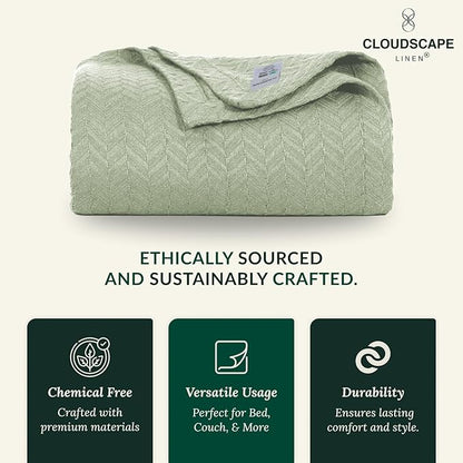 Cloud Scape Linen 100% Cotton Throw Blanket 50x70 Seafoam, Luxury All-Season Warmth, Ultra Soft, Oversized Herringbone Gauze Blanket for Winter, Bed, Couch & Sofa Decor, Best Gift Idea