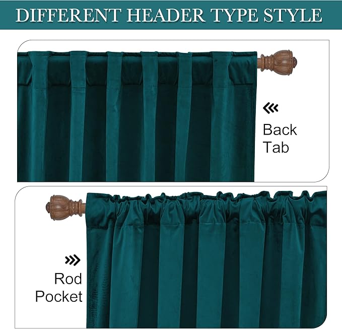 RYB HOME Velvet Curtains 90 inches Length, Back Tab & Rod Pocket Soft Fabric Curtains & Drapes for Bedroom Room Divider, Peacock Blue, W 62 x L 90, 2 Panels Set