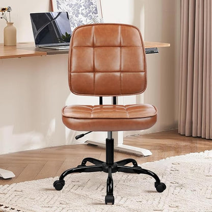 CLATINA Armless Home Office Chair with Lumbar Support and Wheels, Small PU Leather Ergonomic Low Back Desk Chairs No Arms, Adjustable Height 360° Swivel Rolling Computer Task Chair, Brown, 6 Pack