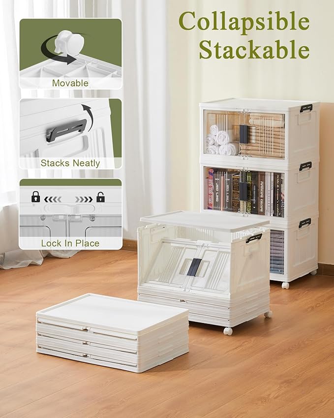 OlarHike 144QT Lockable Storage Bins with Lids - Folding Storage box with Doors and Wheels, Collapsible Plastic Bins for Closets, Stackable Organizer and Containers, Gifts, 3 Pack Cubes
