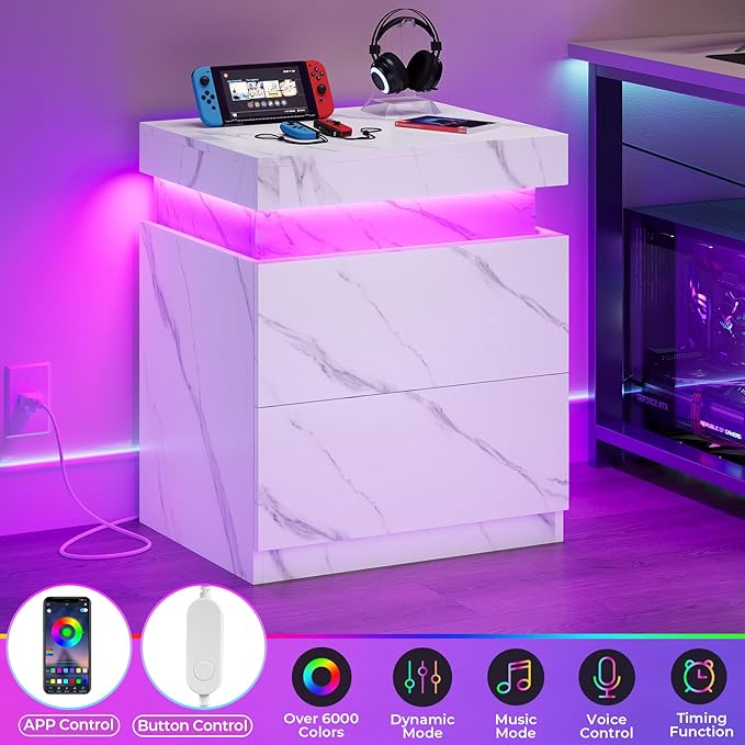 ADORNEVE Nightstand Set of 2,Night Stand with Charging Station & LED Light & Sliding Top,Bedside Table with Drawers,Modern Bed Side Tables Bedroom,White Marble