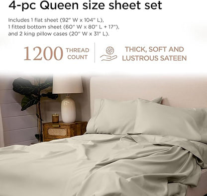 Threadmill Supima Cotton Queen Sheet Set, 1200 Thread Count Queen Sheets for Queen Mattresses, 4 Piece American Luxury Bed Sheets, Sateen Hotel Quality Sheets with Elasticized Deep Pocket, Taupe