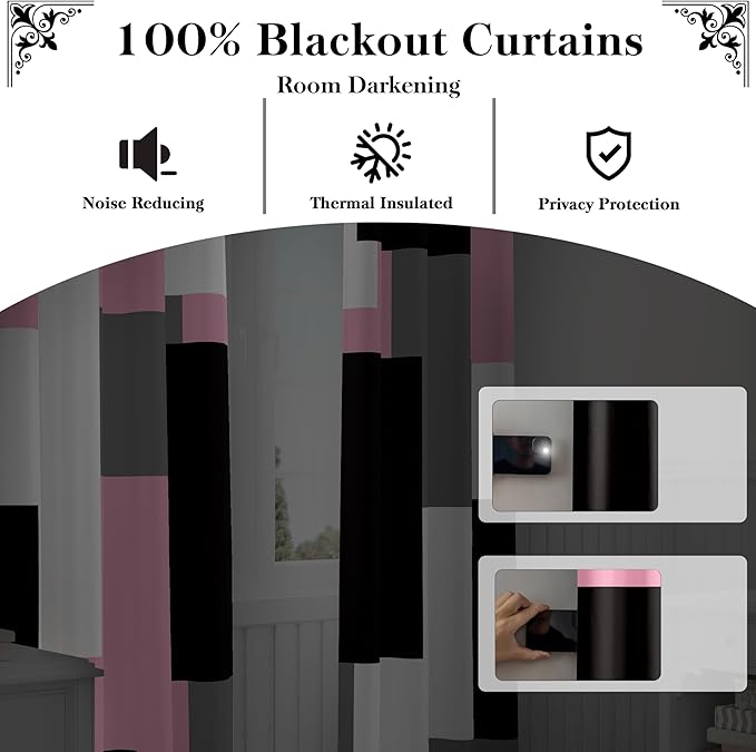 Pink 100% Blackout Curtains for Bedroom 63 inch Length 2 Panels Set Grey Modern Abstract Geometric Black Out Curtains Insulated Room Darkening Window Drapes for Girls Living Room, 42Wx63L