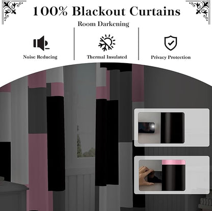 Pink 100% Blackout Curtains for Bedroom 45 inch Length 2 Panels Set Grey Modern Abstract Geometric Black Out Curtains Insulated Room Darkening Window Drapes for Living Room, 52Wx45L