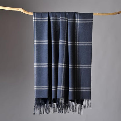 CUDDLE DREAMS Premium Cashmere Throw Blanket with Fringe, Luxuriously Soft (Plaid Blue)