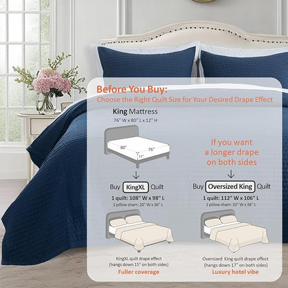 KASENTEX King XL Quilt Set 108"x98" – Soft Washed 3-Layer Lightweight Bedspread, Minimalist Nordic Design, All-Season Spring & Summer Quilt Set (1 Quilt + 2 Pillow Shams),Dress Dark Blue