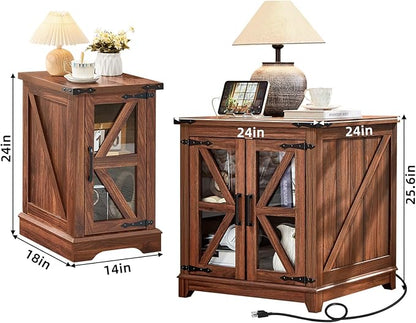 Farmhouse End Table Set 3, Narrow 18'' Night Stand with Glass Barn Door, 24" Square Side Table with Charger Station, Living Room Furniture Sets, Wood Nightstand Bedside Tables for Bedroom