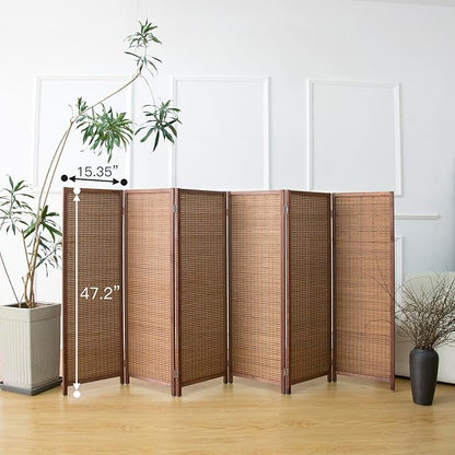 6 Panel Short Room Divider Screen,Brown Freestanding Partition,Small Bamboo Panel Divider for Room Seperation,3.95 FT Tall