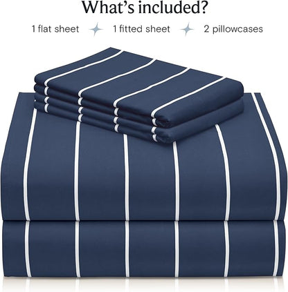 LuxClub 4 PC Queen Sheet Set, Deep Pockets Wrinkle Free Cooling Bed Sheets Hotel Bedding for Women, Men, Includes 1 Fitted Sheet, 1 Flat Sheet and 2 Pillowcases-Striped - Navy