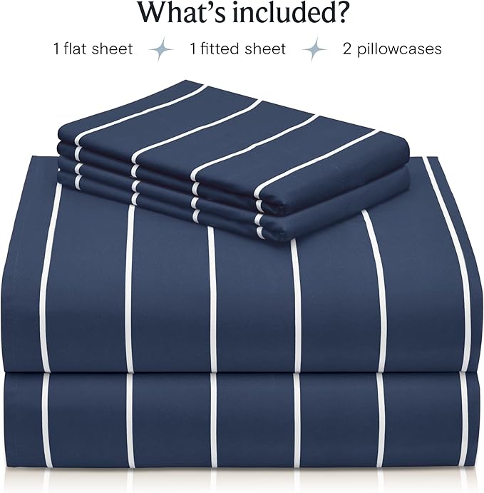 LuxClub 4 PC California King Sheet Set, Deep Pockets Wrinkle Free Cooling Bed Sheets Hotel Bedding for Women, Men, Includes 1 Fitted Sheet, 1 Flat Sheet and 2 Pillowcases-Striped - Navy