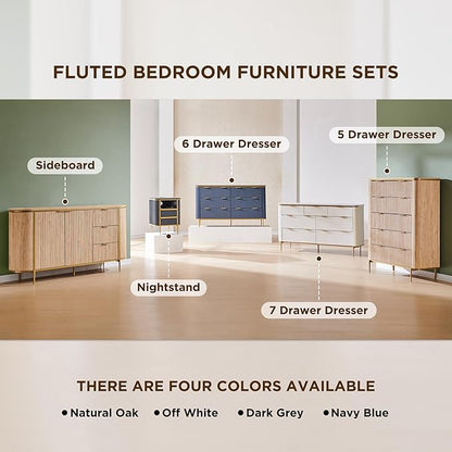 T4TREAM Fluted 6 Drawers Dresser for Bedroom, 54" Wide Modern Dresser TV Stand, Gold Accents, Fluted Fronts, Wood Storage Dressers Organizer for Bedroom, Living Room, (Dark Grey)