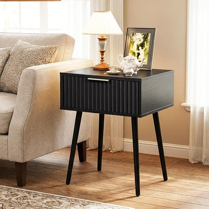 VINGLI Fluted Nightstand with Drawer, 19" W Mid Century Modern Nightstand for Bedroom, Bedside Table, End Tables Bedroom, Wood Night Stand, Black, 18.9" W*14.96" D*24" H