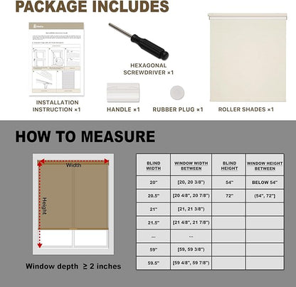 HESTIA No Drill Cordless Blackout Roller Shades Screwless Waterproof Shower Window Blinds, Auto-Retraction Easy Install Blind for Bedroom/Living Room/Kitchen, Cream Linen, 40.5" W x 72" H