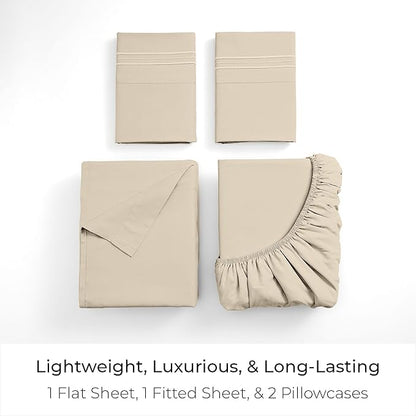 Mellanni Twin Sheet Set - 4-Piece Iconic Collection Bedding, (Including 2 Pillowcases), 16-Inch Deep Pocket, Easy Care, Extra Soft, Cooling Sheets, Brushed Microfiber - Beige