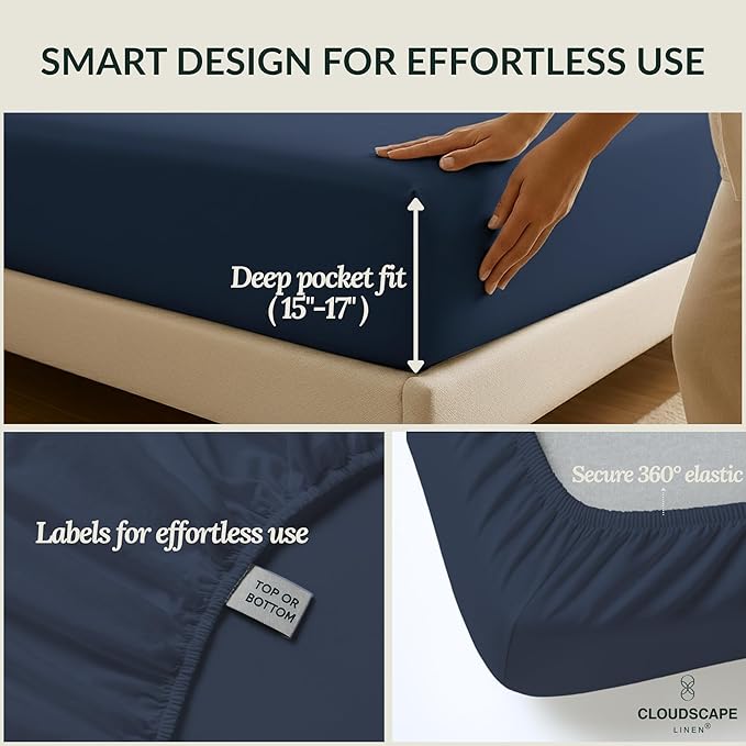 Cloud Scape Linen 100% Egyptian Cotton Sheets for Queen Size Bed, 400 Thread Count, 4 Pieces Bedding Set, Hotel Quality, Silky Soft, Deep Pockets up to 17”, Dark Denim