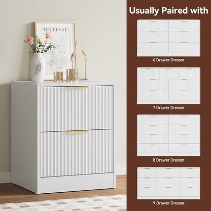 7 Drawer Dresser & Nightstand Set 3-Piece, 55” Wide Bedroom Dresser Set Night Stand Set of 2 with Metal Handle, Fluted Modern Wood Chest of Drawers Storage Dressers Set for Bedroom, White