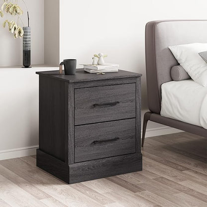 Giantex Farmhouse Nightstand, Wood Bedside Table with 2 Storage Drawers, Compact Floor Night Stand End Table, Accent Sofa Side Table for Bedroom, Grey Oak