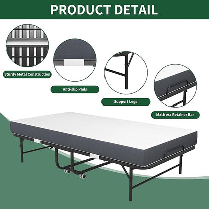 75" x 38" Twin Folding Bed with 3.7" Memory Foam Mattress, Portable Foldable Extra Bed, Rollaway Bed for Guests, and Sturdy Metal Frame