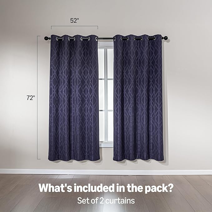 Amazon Basics Jacquard 2-Piece 100% Blackout Curtains, Living Room and Bedroom Drapes, Thermal Insulated Window Treatment, 52"x72", Dark Blue