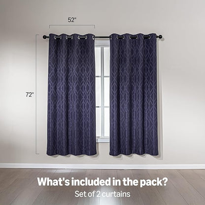 Amazon Basics Jacquard 2-Piece 100% Blackout Curtains, Living Room and Bedroom Drapes, Thermal Insulated Window Treatment, 52"x72", Dark Blue