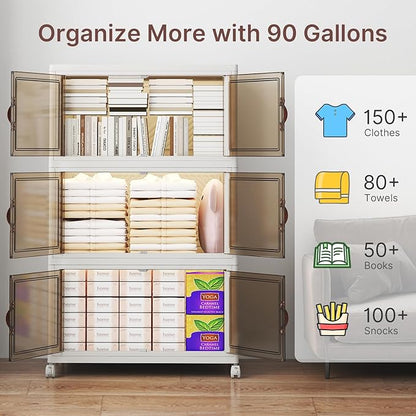 480Qt Stackable Storage Bins with Lids, 4 Pack Large Collapsible Bins with Wheels, Plastic Cabinet with Doors, Foldable Closet Organizers and Storage for Home, Dorm, Office, White