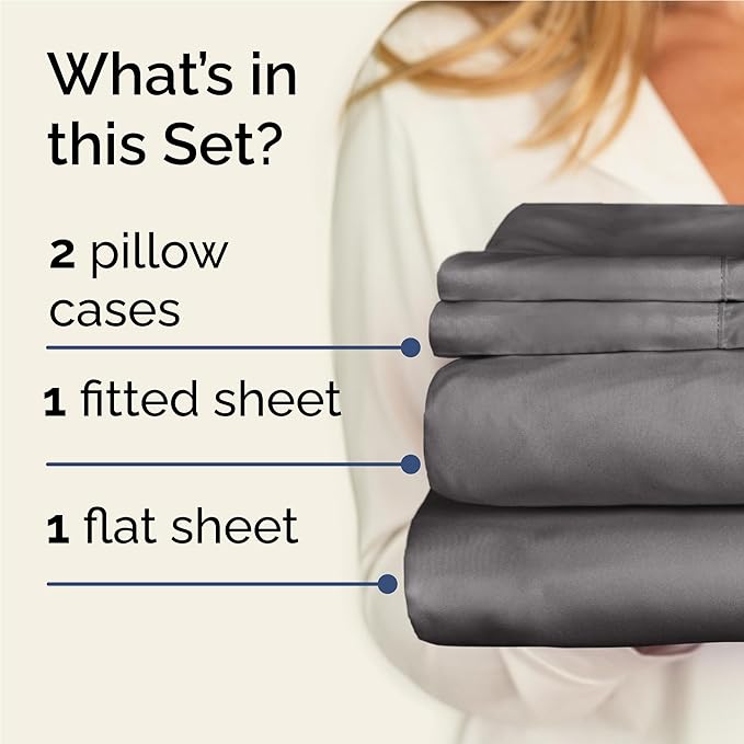 Twin XL 4 Piece Sheet Set - Cooling, Comfy & Breathable - Hotel Luxury Bedding, Includes Fitted Sheet for Women, Men, Kids & Teens - 1 Flat, 1 Fitted Sheet, 2 Pillowcases w/Deep Pockets - Dark Grey