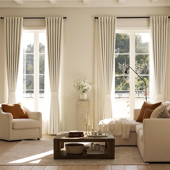 jinchan Chenille Blackout Curtains 84 Inches Long 2 Panels Beige Thermal Insulated Curtains for Bedroom Living Room Triple-Weave Noise Reducing Drapes Back Tab Full Privacy Window Curtains 50x84 Inch