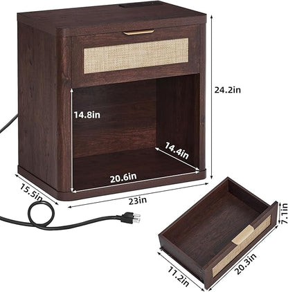 LEYAOYAO Rattan Nightstands Set of 2 with Charging Station, Walnut Night Stand with Drawer, 23" Wide Boho Bedside Table with Storage Shelf, Bed Side End Tables for Bedroom, Living Room, Hallway