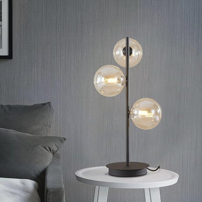 Modern Globe Table Lamp, Mid Century 3 Lights Black Bedside Lamp, Brown Glass Globe Reading Lamp for Bedroom Living Room Study Room