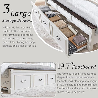 Farmhouse King Size Bed Frame with 51" Tall Headboard, Wood Platform Bed Frame with 20" Tall Roman Column Decoration Footboard & 3 Large Storage Drawers, No Box Spring Needed (White)
