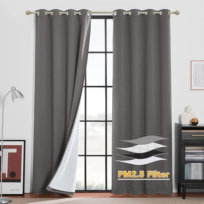 RYB HOME Noise Reducing Barrier for Bedroom, Totally Blackout Drapes Energy Smart Window Treatment Anti Dust Divider Curtains PM2.5 Pollen Smog Filtering, Grey, W52 x L72 inch, 2 Panel