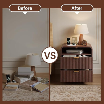 FURSUN 24" Fluted Nightstand Set of 2 with Charging Station, Wooden End Table with 2 Drawers Storage, Curved Profile Design, Modern Bedside Cabinet for Bedroom, Walnut