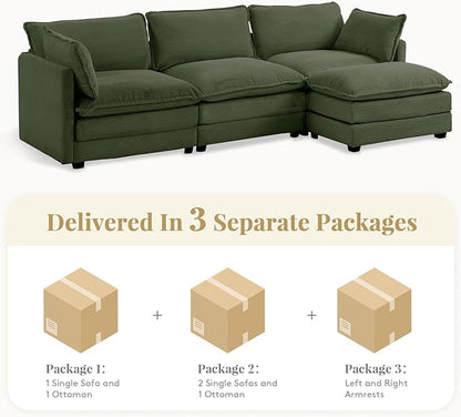 112'' Sectional Modular Cloud Couch, Oversized L Shaped 3 Seat Sofa with Movable Ottomans, 2 Throw Pillows, Upholstered Corduroy L Shape Comfy Deep Couches for Living Room and Office, Green