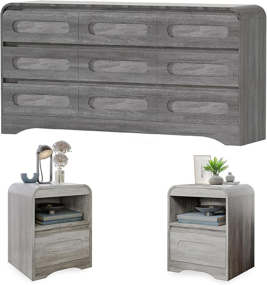 9 Drawer Dresser and Nightstand Sets for Bedroom, 3 Piece Bedroom Set, Wood 9 Drawer Dresser & Night Stand Set of 2, Large Chest of Drawers Modern Storage Cabinet Bedroom Furniture Set, Grey