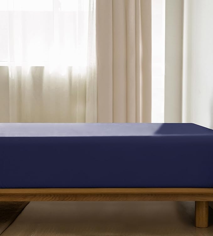 MooMee Fitted Bottom Sheet Only 100% Washed Cotton Linen Like Textured Breathable Durable Soft Comfy Deep Pocket Fits Mattress up to 17" (Dark Blue, Twin)