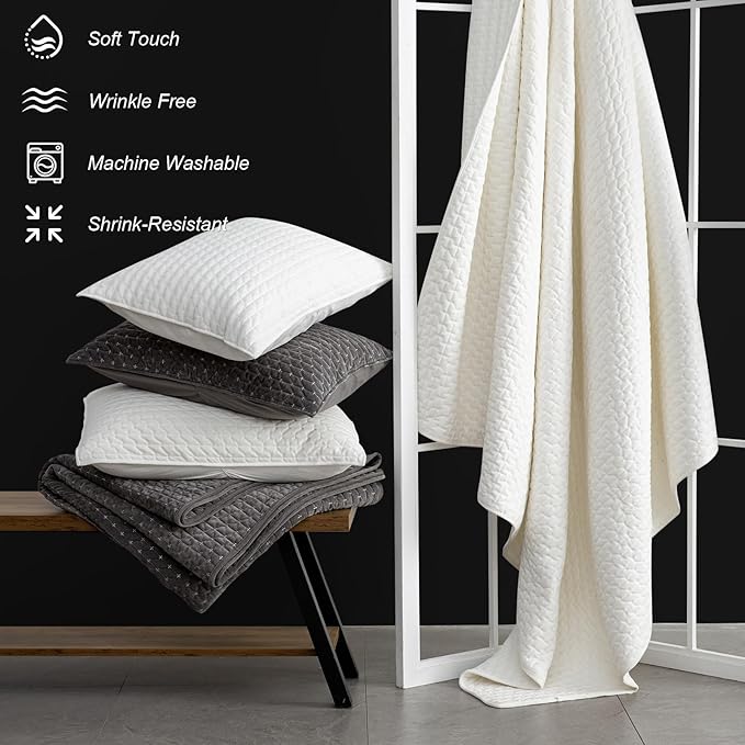 Powdion Velvet Quilt Queen Size, Oversized Bedspread Quilted Bedding Set, Luxurious Soft Coverlet Set Lightweight Velvet Comforter for All Season with Pillow Shams, 90x96 Striped White