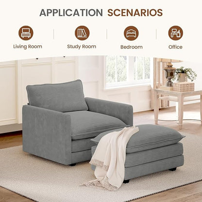 ROWHY Single Armchair with Ottoman, Modern Corduroy Cloud Couch with Convertible Chaise, Upholstered Sofa Set for Living Room and Office, Dark Grey