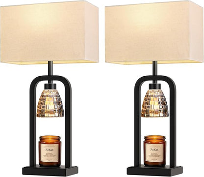 PoKat Table Lamps with Candle Warmer for Bedroom, Farmhouse Bedside Lamps Set of 2 for Night Stands, 21.5'' Bedroom Lamps Decor for Living Room, Bathroom, Dinning, Bulbs Included, Matte Black