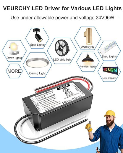 96W 24V Dimmable LED Driver UL Listed, DC 24V Triac ELV/MLV LED Dimmable Power Supply Compatible with Lutron & Leviton Switches 96 Watt LEDs Transformer 24 Volt Smooth Flicker Free Dimming
