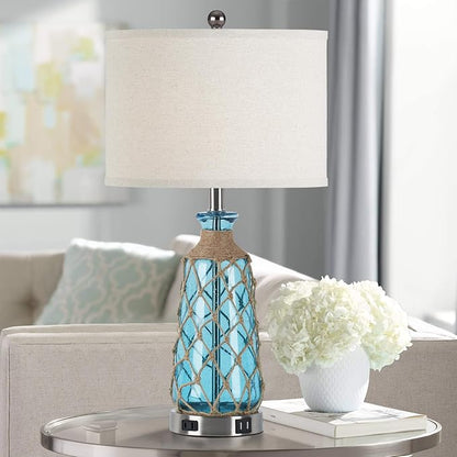 Coastal Glass Table Lamps, 3-Way Dimmable Touch Control Bedside Lamps with 2 USB Ports and AC Outlet, Teal Nautical Nightstand Lamps for Bedroom Living Room (LED Bulbs Included)
