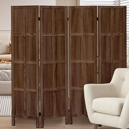 Leesinwing Wood Room Divider 4 Panel Folding Privacy Screen, Classic 5.6Ft Indoor Wooden Partition, Portable Partition Wall Divider for Room Separation, Home, Office, Bedroom, Restaurant (Brown)