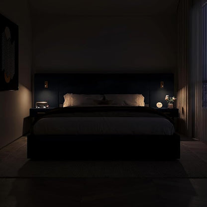 DEINPPA Luxury King Bed Frame with Built-in Gold LED Lights and Nightstands, King Size Platform Bed with Oversize Upholstered Headboard, No Box Spring Needed-Gunmetal Black