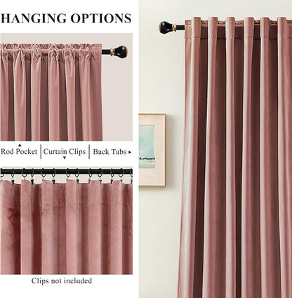 Dusty Rose Pink Velvet Curtains for Girls Bedroom Room Darkening Thermal Insulated Soundproof Curtain 102 Inches Long Cute Window Drapes for Living Room, Back Tab Rod Pocket, W52 x L102, 2 Panels
