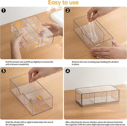Medicine Cabinet Organizer 2 Pack, Stackable Storage Drawers with Removable Divider, Make Up Organizer for Bathroom Mirror Cabinets, Vanity, Closet, Countertop - Clear
