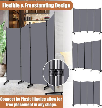 Room Divider Folding Privacy Screens with Wheels, 6FT Tall Divider for Room Separation, Movable Room Partitons and Dividers, Indoor Room Dividers Panel with Fabric (Grey, 4 Panel-88‘’-Wheels)