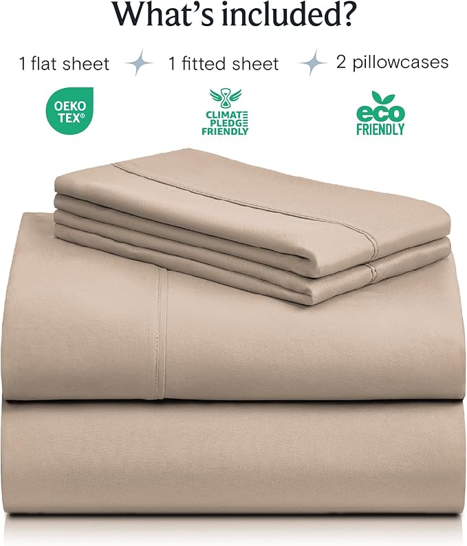 LuxClub 4 PC Full Sheet Set, Deep Pockets Wrinkle Free Cooling Bed Sheets Hotel Bedding for Women, Men, Kids & Teens, Includes 1 Fitted Sheet, 1 Flat Sheet and 2 Pillowcases-Soft Light Khaki