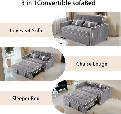 Convertible Sofa Bed, 3-in-1 Loveseat Futon Sofa Bed with 3-Position Adjustable Backrest & Side Pocket, Modern Velvet Fabric Pull Out Couch for Living Room, Small Spaces (Grey)