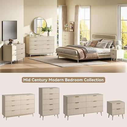 CARPETNAL Fluted 8 Drawer Dresser for Bedroom, 55" Wide Wooden Chest of Drawers with Rounded Corners, Gold Handles, Modern Storage Organizer for Bedroom, Hallway(Beige)