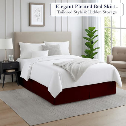 Queen Bed Skirt, Luxury 18 Inch Drop Burgundy Pleated Bed Skirt, Double Brushed Microfiber, Box Pleat Design, Wrinkle & Fade Resistant, Easy Fit Tailored Bedskirt for Queen Size Beds